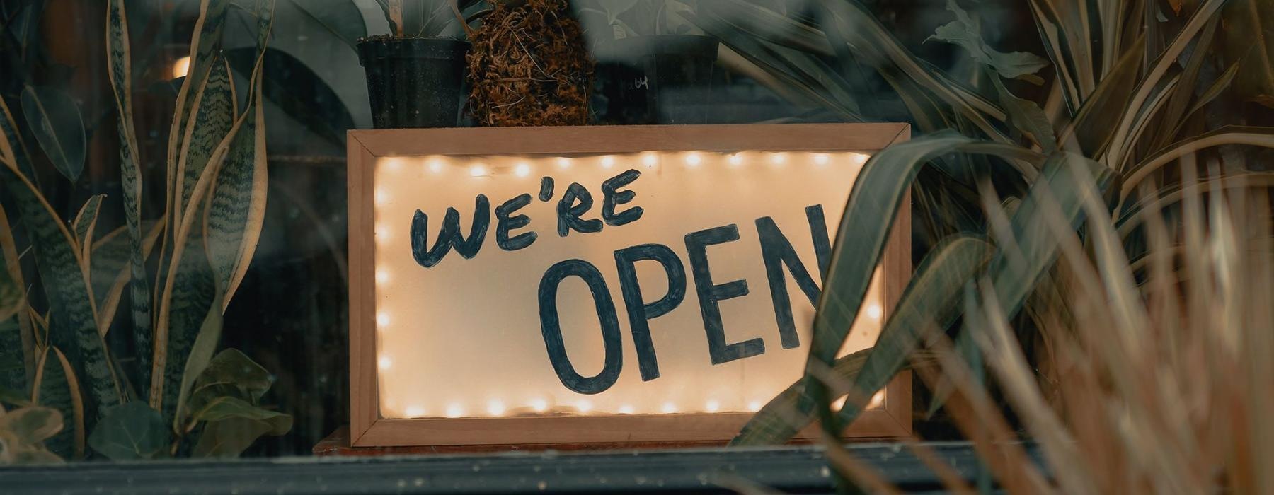 We're Open sign on a window ledge, surrounded by plants