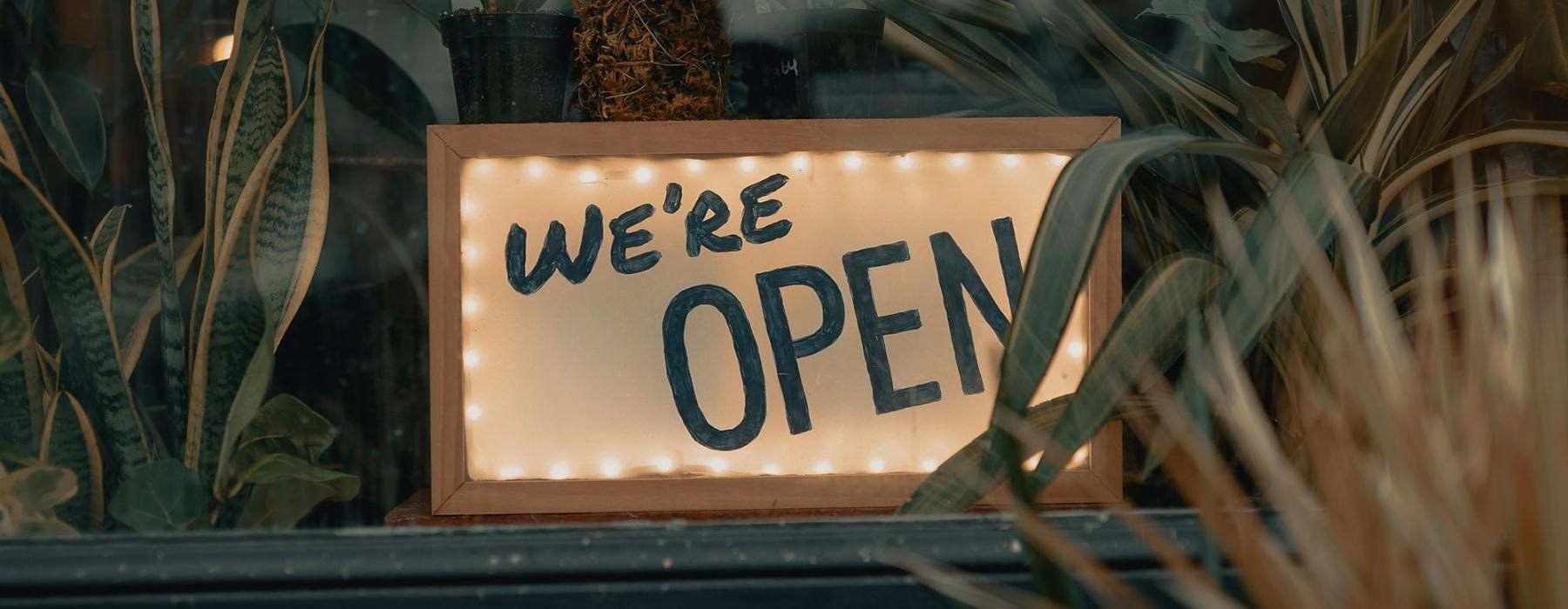 We're Open sign on a window ledge, surrounded by plants